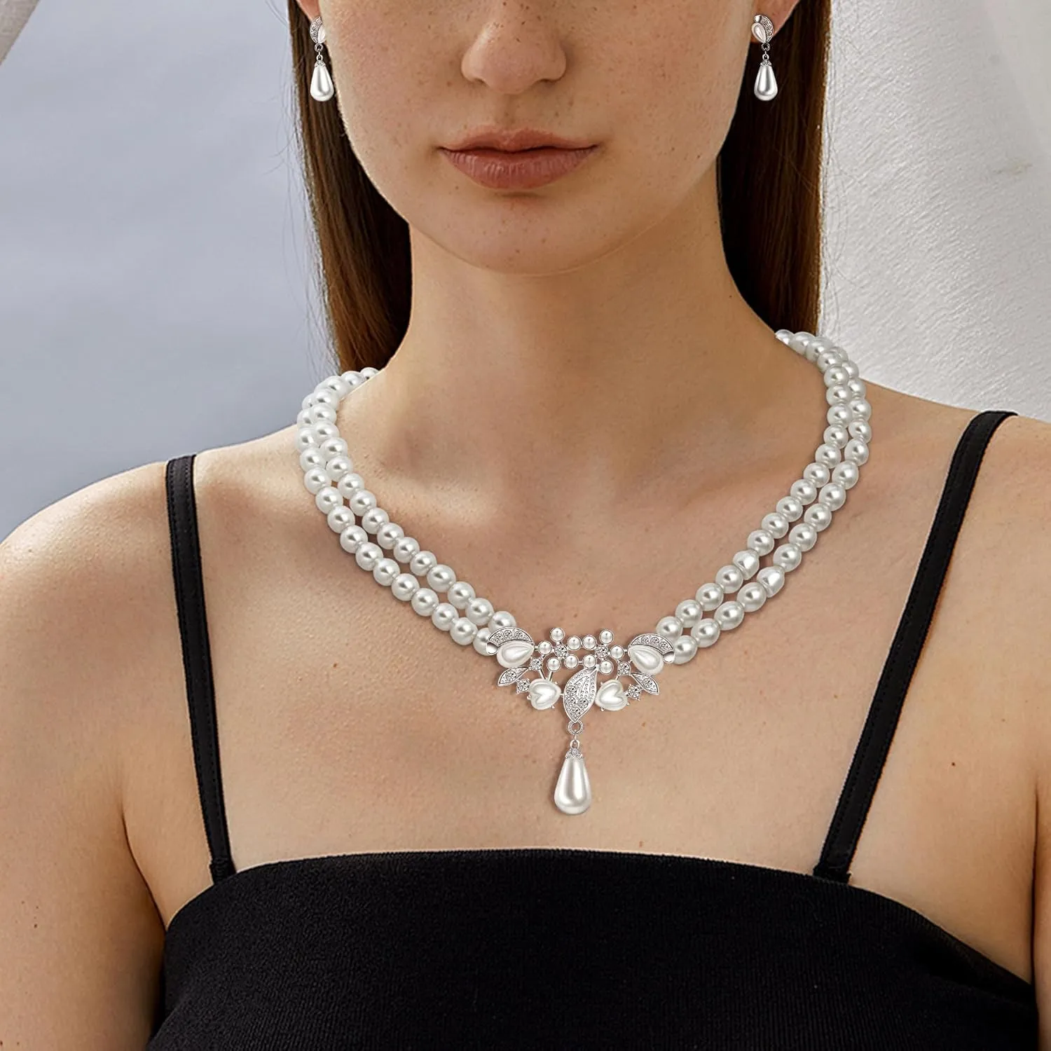 Pearl Necklace and Earrings Set, Bracelets Sets Simulated Pearl Bride Wedding Jewelry Set Accessories Wedding Necklace Jewelry Silver Gold Birthday Jewelry for Women
