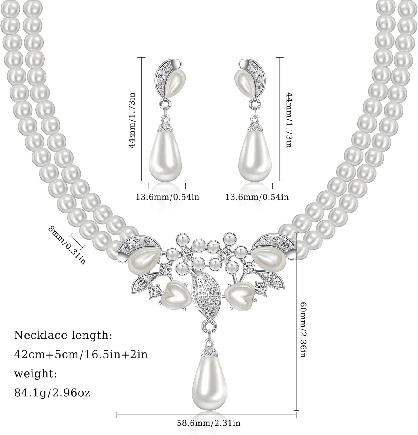 Pearl Necklace and Earrings Set, Bracelets Sets Simulated Pearl Bride Wedding Jewelry Set Accessories Wedding Necklace Jewelry Silver Gold Birthday Jewelry for Women