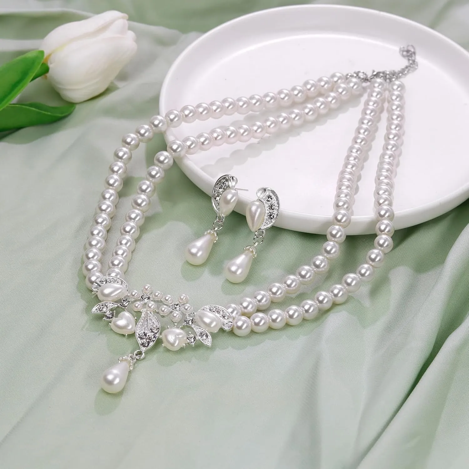 Pearl Necklace and Earrings Set, Bracelets Sets Simulated Pearl Bride Wedding Jewelry Set Accessories Wedding Necklace Jewelry Silver Gold Birthday Jewelry for Women