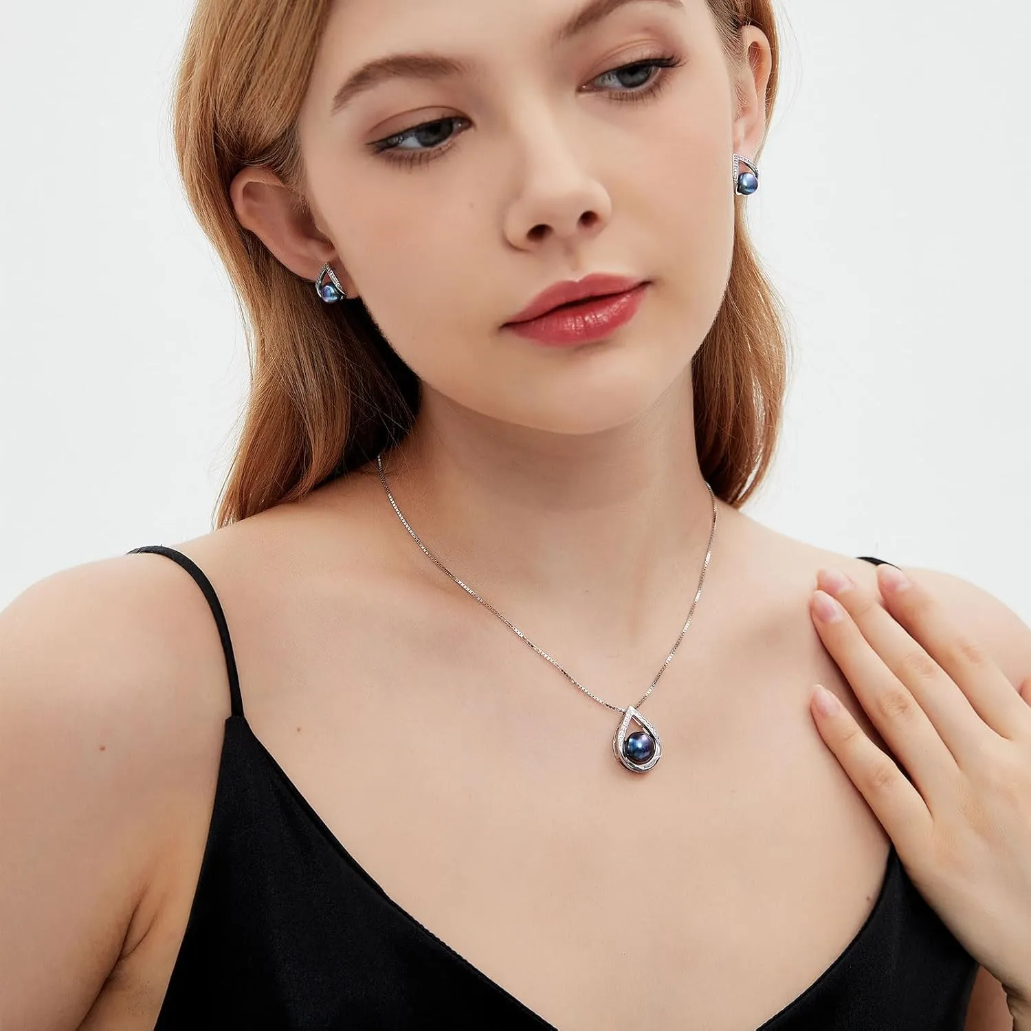 Pearl Necklace and Earrings Set, Saltwater/Freshwater Cultured Pearl Jewelry Set in 925 Sterling Silver - Elegance for Wife, Mom, Girlfriend on Anniversary, Mother's Day, or Birthday