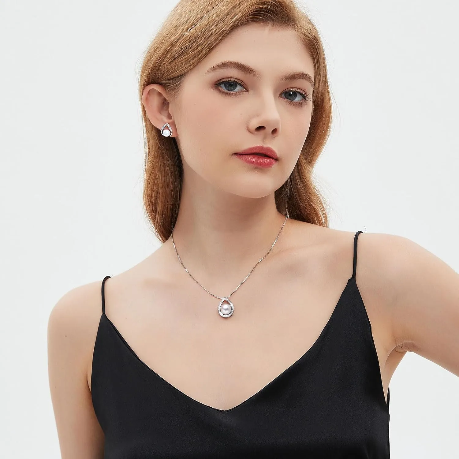 Pearl Necklace and Earrings Set, Saltwater/Freshwater Cultured Pearl Jewelry Set in 925 Sterling Silver - Elegance for Wife, Mom, Girlfriend on Anniversary, Mother's Day, or Birthday