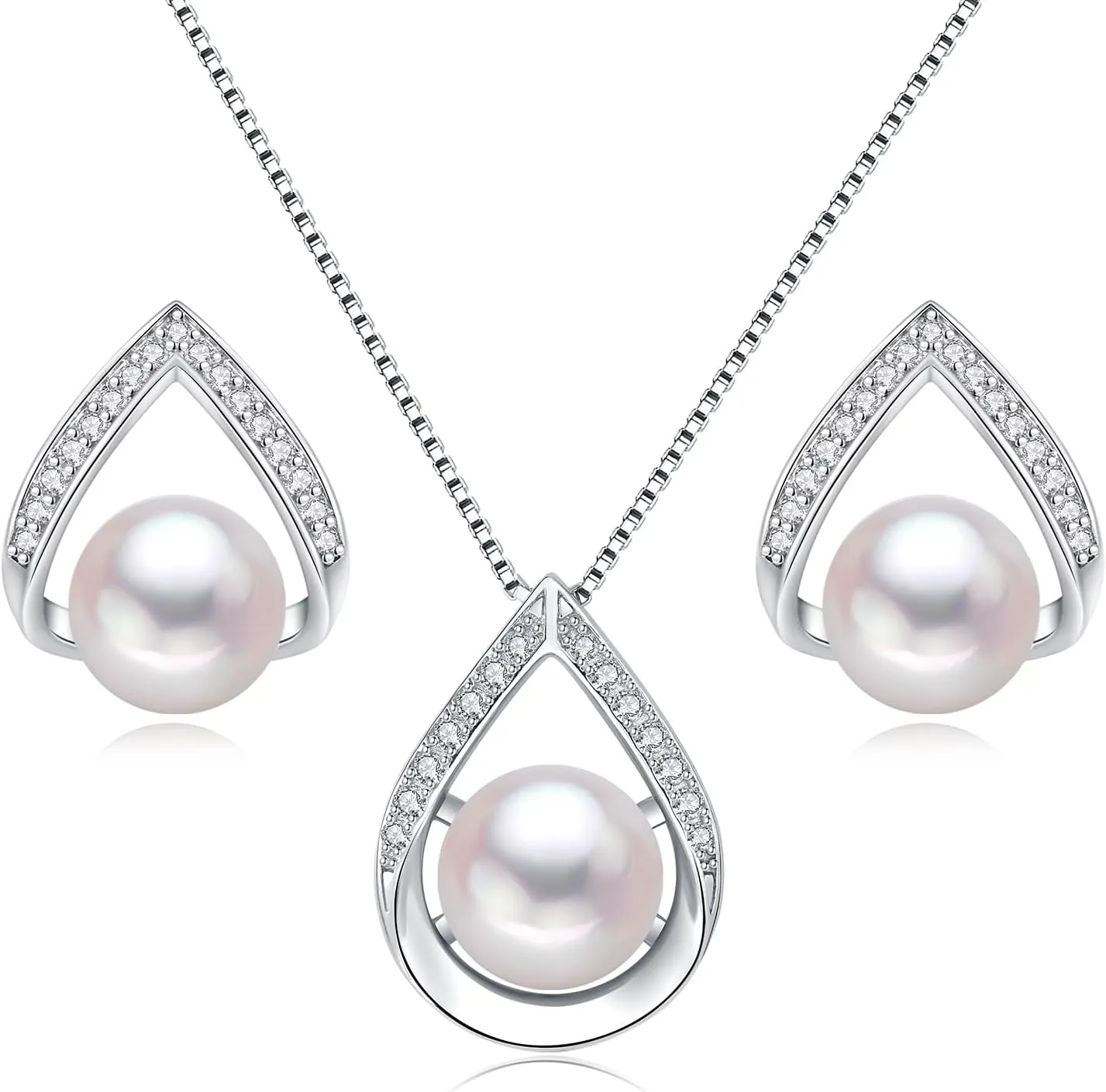 Pearl Necklace and Earrings Set, Saltwater/Freshwater Cultured Pearl Jewelry Set in 925 Sterling Silver - Elegance for Wife, Mom, Girlfriend on Anniversary, Mother's Day, or Birthday