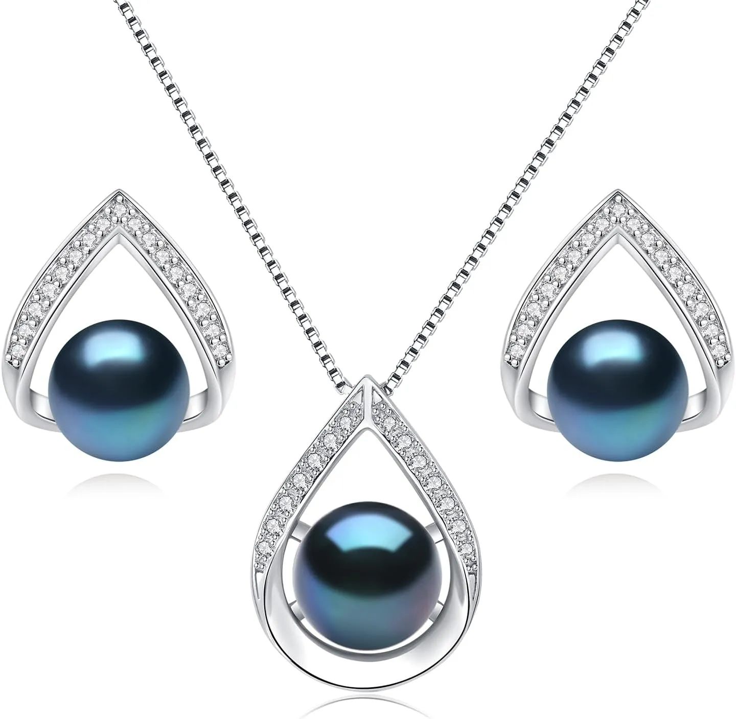 Pearl Necklace and Earrings Set, Saltwater/Freshwater Cultured Pearl Jewelry Set in 925 Sterling Silver - Elegance for Wife, Mom, Girlfriend on Anniversary, Mother's Day, or Birthday