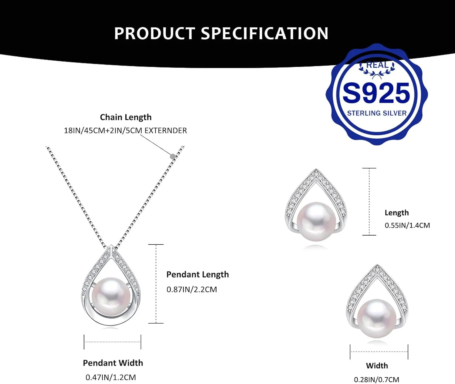 Pearl Necklace and Earrings Set, Saltwater/Freshwater Cultured Pearl Jewelry Set in 925 Sterling Silver - Elegance for Wife, Mom, Girlfriend on Anniversary, Mother's Day, or Birthday