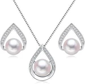 Pearl Necklace and Earrings Set, Saltwater/Freshwater Cultured Pearl Jewelry Set in 925 Sterling Silver - Elegance for Wife, Mom, Girlfriend on Anniversary, Mother's Day, or Birthday