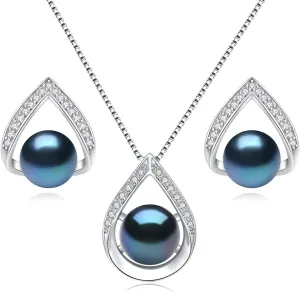 Pearl Necklace and Earrings Set, Saltwater/Freshwater Cultured Pearl Jewelry Set in 925 Sterling Silver - Elegance for Wife, Mom, Girlfriend on Anniversary, Mother's Day, or Birthday