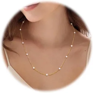 Pearl Necklace for Women,Dainty Silver/14K Gold Plated Necklace for Women Round White Imitation Pearls Simple Pearl Choker Cute Everyday Jewelry for Women Elegant Bridesmaid Wedding Jewelry