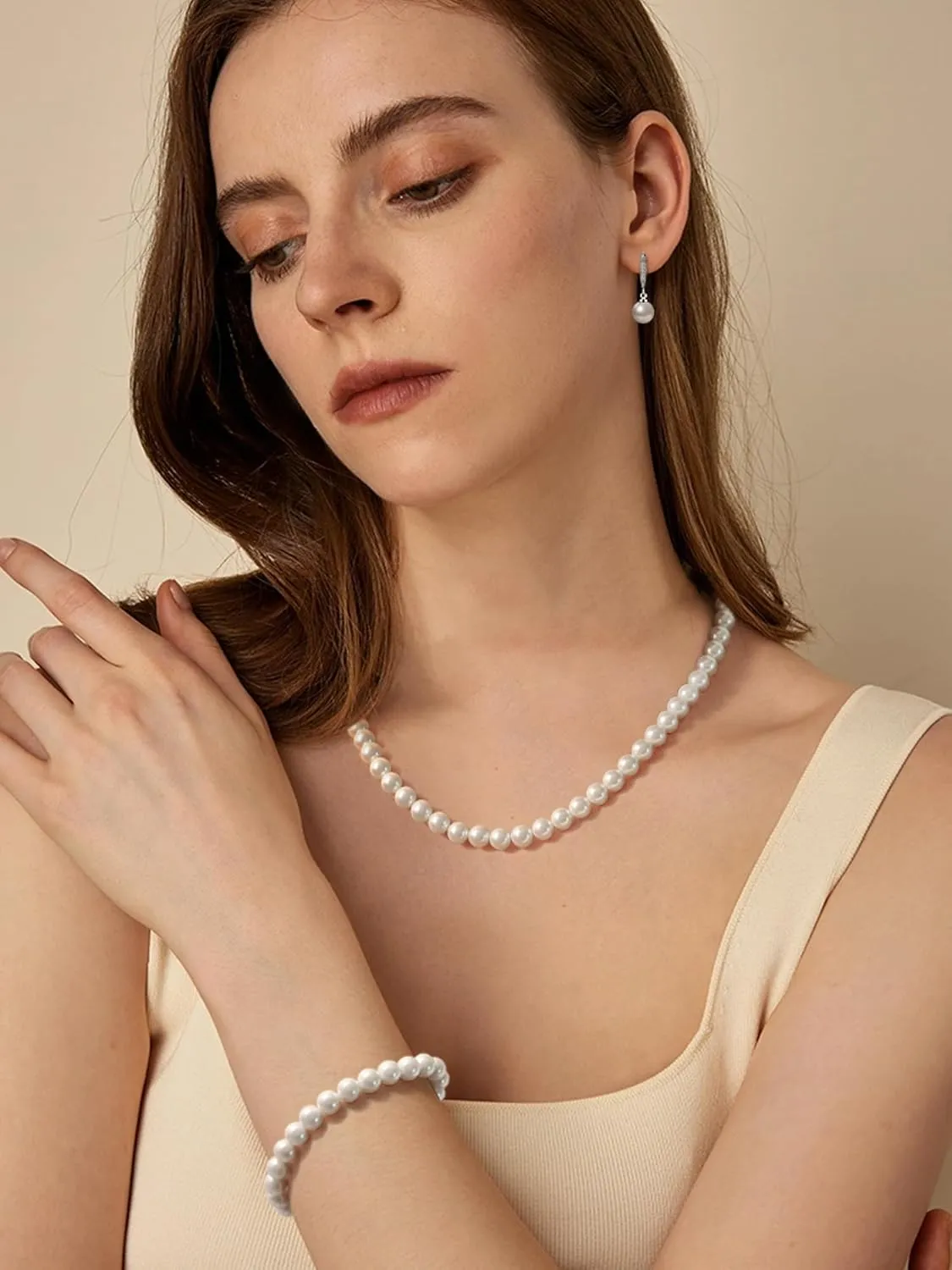 Pearl Necklaces for Women Men - 8mm Round Pearl Jewelry Set Includes White Pearls Bracelet and Earrings Girlfriend Her Mothers Day Gifts for Mom Women Wedding Birthday Anniversary Christmas Gifts
