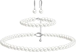 Pearl Necklaces for Women Men - 8mm Round Pearl Jewelry Set Includes White Pearls Bracelet and Earrings Girlfriend Her Mothers Day Gifts for Mom Women Wedding Birthday Anniversary Christmas Gifts