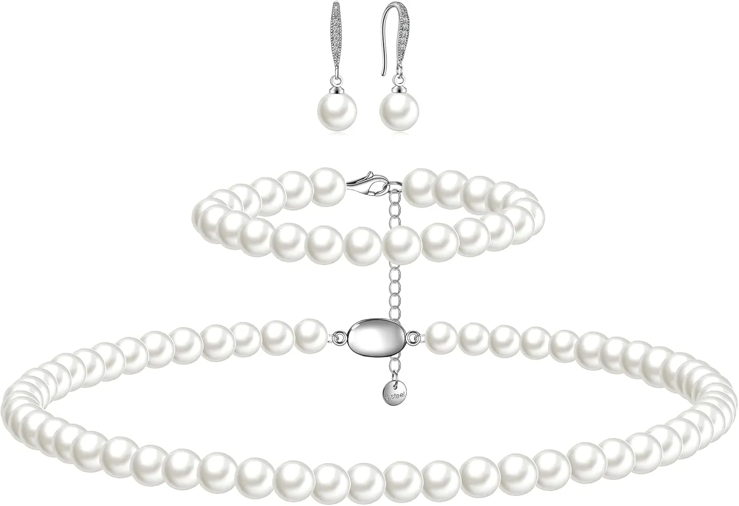 Pearl Necklaces for Women Men - 8mm Round Pearl Jewelry Set Includes White Pearls Bracelet and Earrings Girlfriend Her Mothers Day Gifts for Mom Women Wedding Birthday Anniversary Christmas Gifts