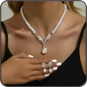 Pearl Rhinestone Jewelry Set for Women Faux Pearl Prom Jewelry Sets Trendy Pearls Necklaces and Earring Set for Wedding Bridal Prom Party Jewelrys