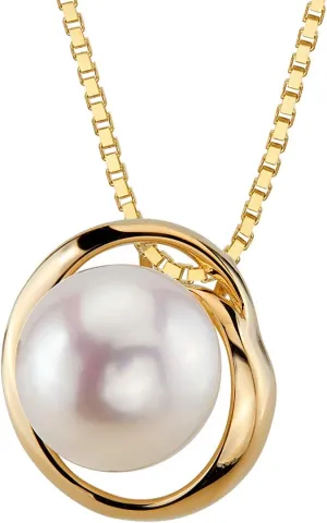 PEORA 14K Yellow Gold Freshwater Cultured White Pearl Pendant, Round Button Shape, 9mm Swirl Slider Solitaire, Dainty Wedding Pearl Necklace
