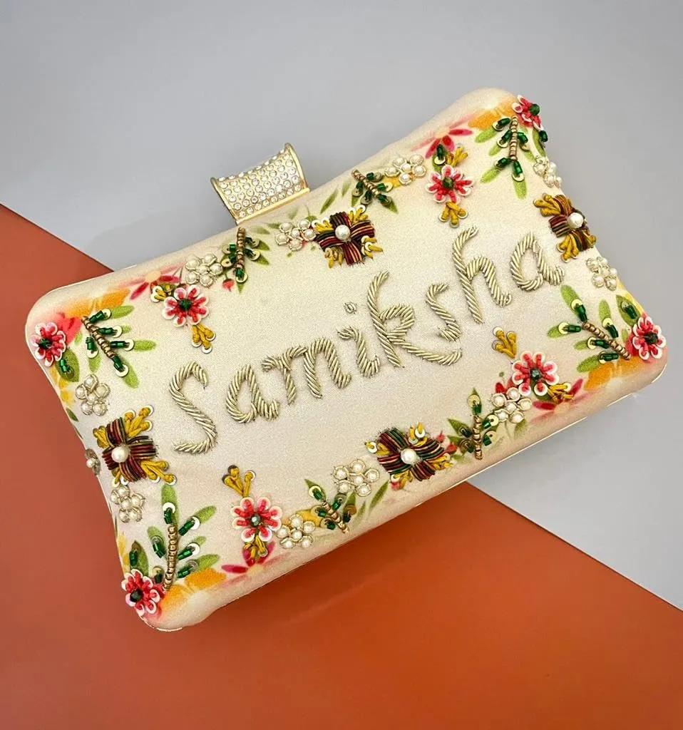 Personalized Custom Clutch Purse for Women, Embroidered Beaded Clutch Crossbody Bag with Gold Chain Strap for Wedding, Bridal Shower, Bachelorette Party, Engagement (Design 2)