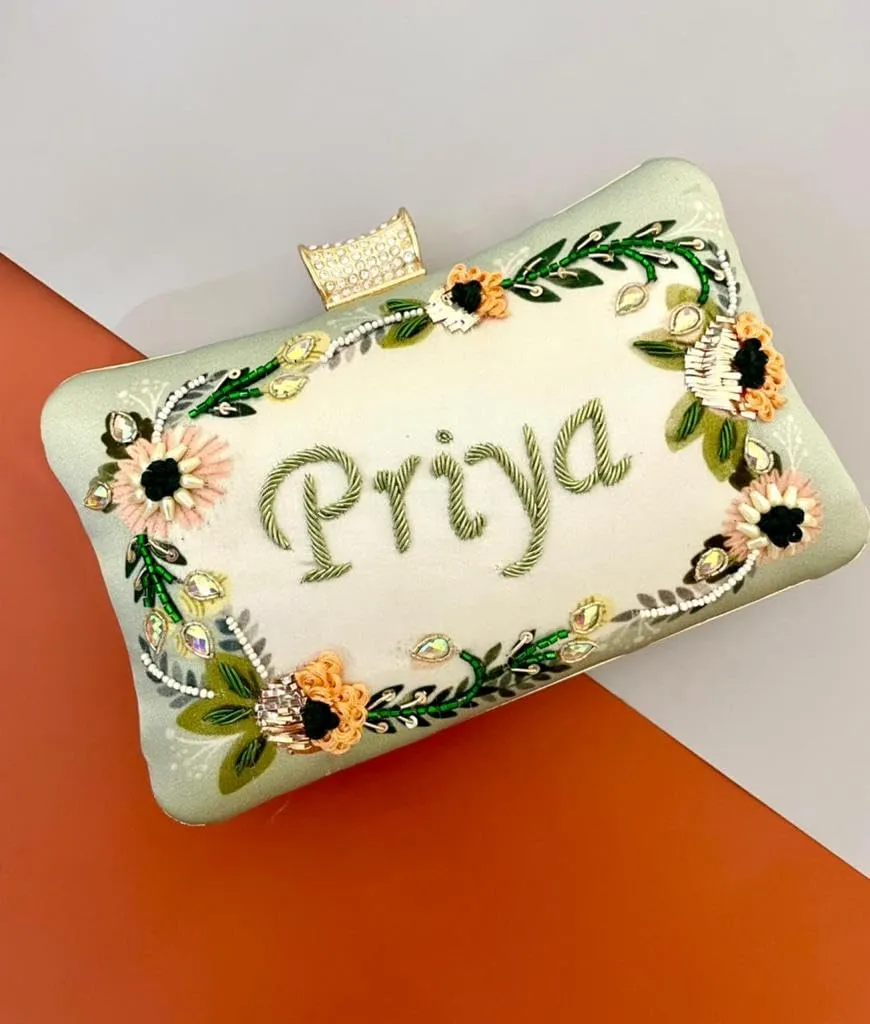 Personalized Custom Clutch Purse for Women, Embroidered Beaded Clutch Crossbody Bag with Gold Chain Strap for Wedding, Bridal Shower, Bachelorette Party, Engagement (Design 2)