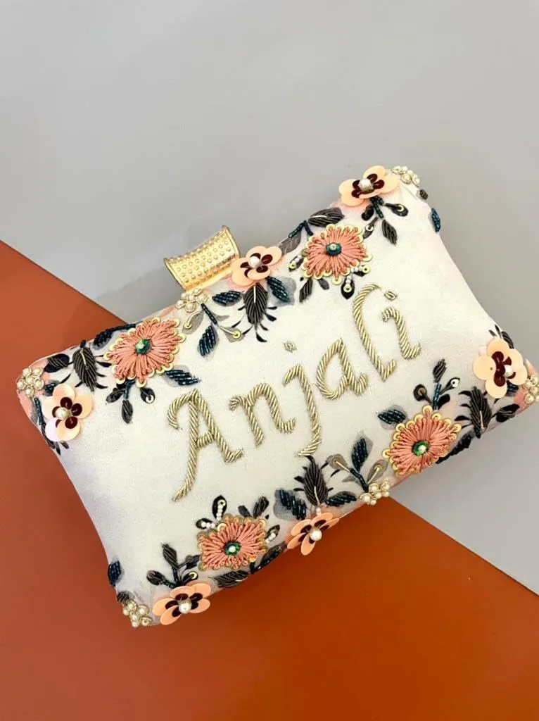 Personalized Custom Clutch Purse for Women, Embroidered Beaded Clutch Crossbody Bag with Gold Chain Strap for Wedding, Bridal Shower, Bachelorette Party, Engagement (Design 2)