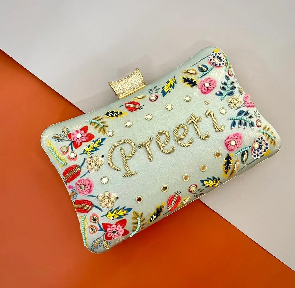 Personalized Custom Clutch Purse for Women, Embroidered Beaded Clutch Crossbody Bag with Gold Chain Strap for Wedding, Bridal Shower, Bachelorette Party, Engagement (Design 2)