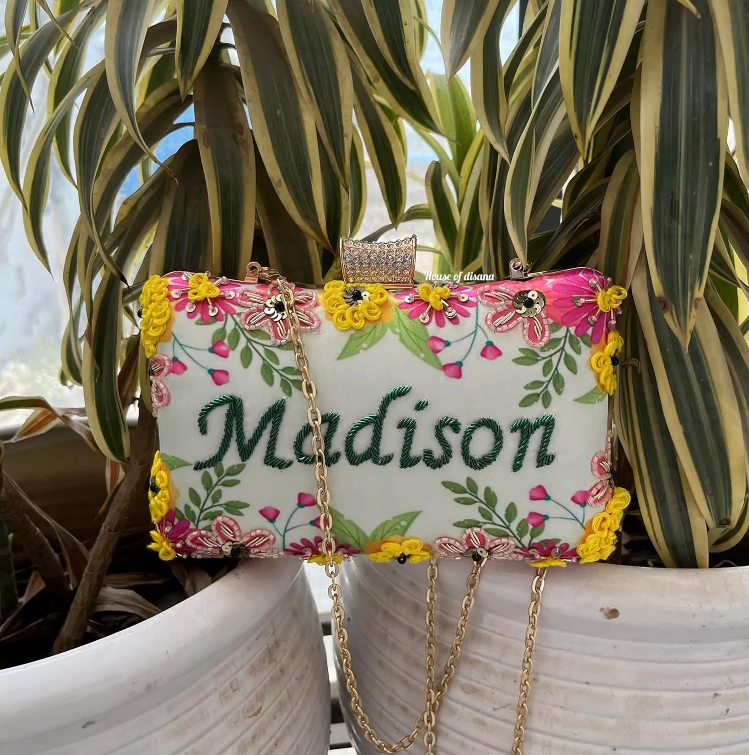 Personalized Custom Clutch Purse for Women, Embroidered Beaded Clutch Crossbody Bag with Gold Chain Strap for Wedding, Bridal Shower, Bachelorette Party, Engagement (Design 2)