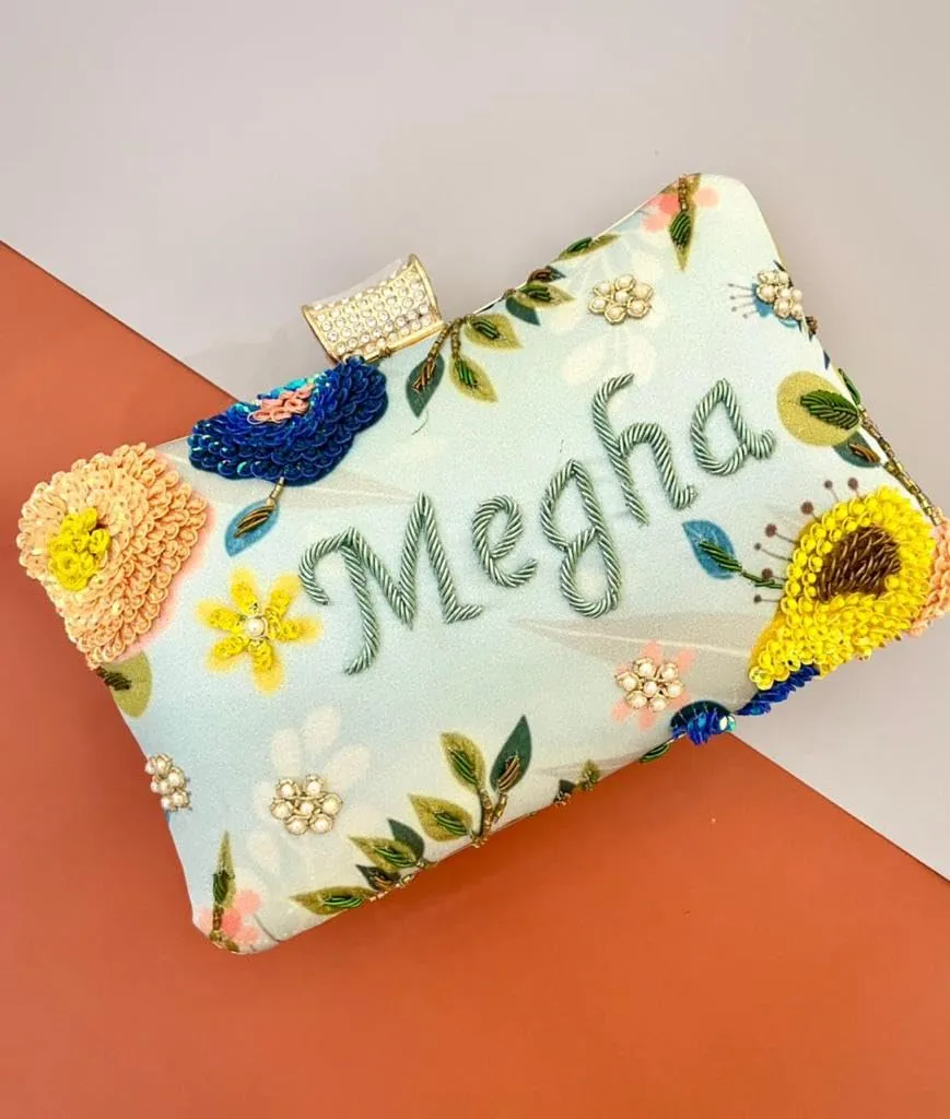 Personalized Custom Clutch Purse for Women, Embroidered Beaded Clutch Crossbody Bag with Gold Chain Strap for Wedding, Bridal Shower, Bachelorette Party, Engagement (Design 2)
