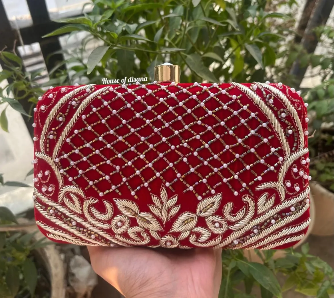 Personalized Custom Embroidery Clutch Purse for Women, Beaded Clutch Crossbody Bag with Gold Chain Strap for Wedding, Bridal Shower, bridesmaid gift Party, Engagement (Red)