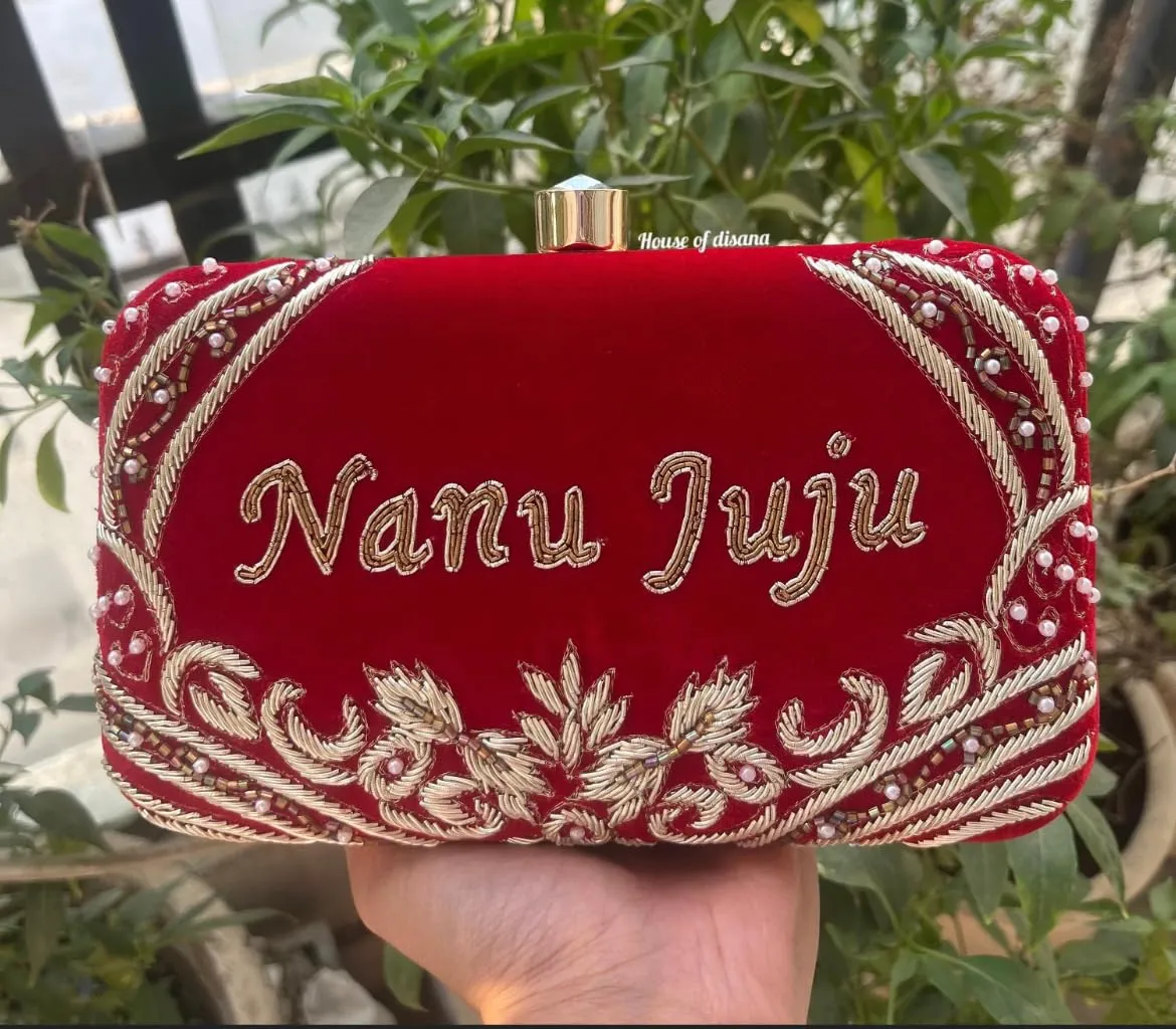 Personalized Custom Embroidery Clutch Purse for Women, Beaded Clutch Crossbody Bag with Gold Chain Strap for Wedding, Bridal Shower, bridesmaid gift Party, Engagement (Red)