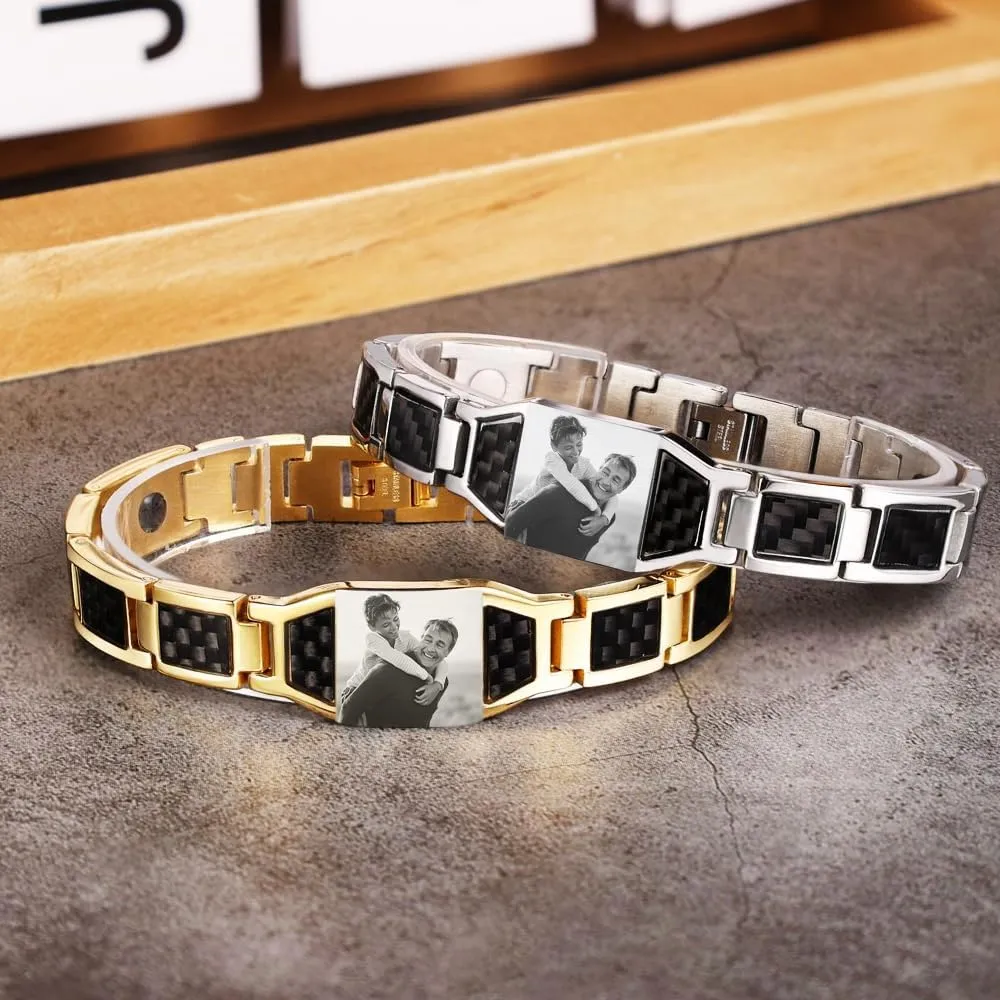 Personalized Photo Bracelet for Men Stainless Steel Customized Picture Cuff Adjustable Bangle Jewelry Gifts for Dad Husband Brother Fathers Day with Box