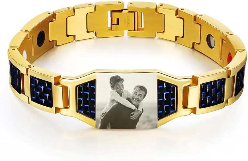 Personalized Photo Bracelet for Men Stainless Steel Customized Picture Cuff Adjustable Bangle Jewelry Gifts for Dad Husband Brother Fathers Day with Box