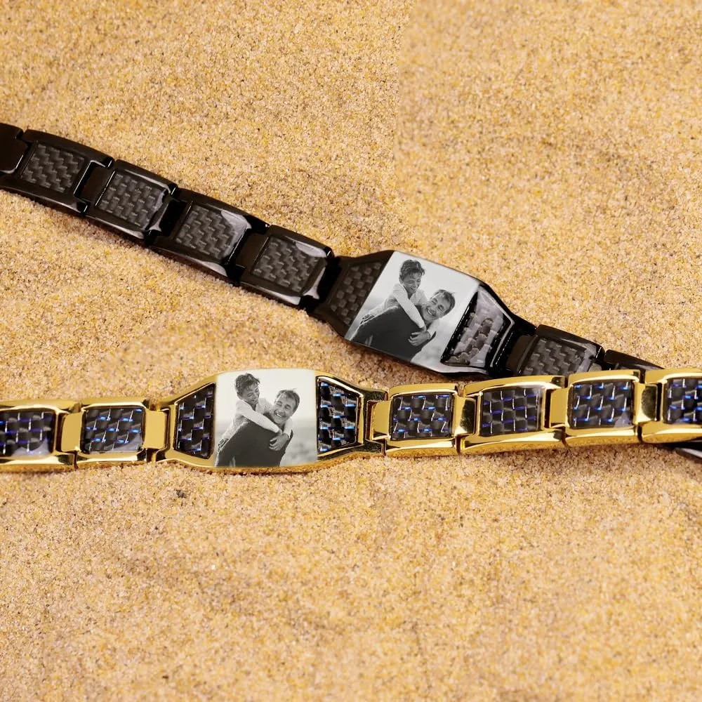 Personalized Photo Bracelet for Men Stainless Steel Customized Picture Cuff Adjustable Bangle Jewelry Gifts for Dad Husband Brother Fathers Day with Box