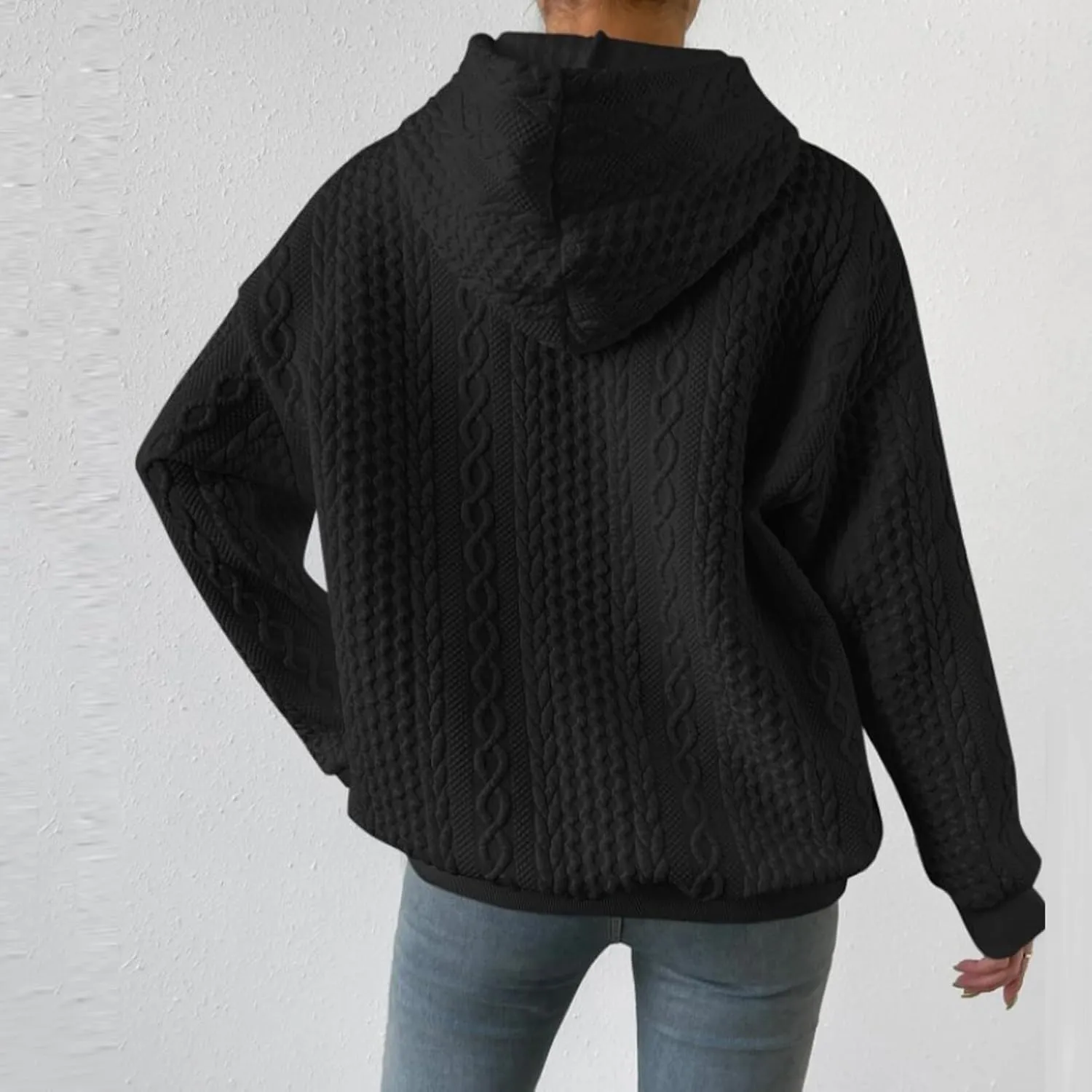 PETYCZEN Fall Sweatshirts for Women Casual Long Sleeve Lightweight Cable Knit Oversized Hoodie Drawstring Pullover Tops