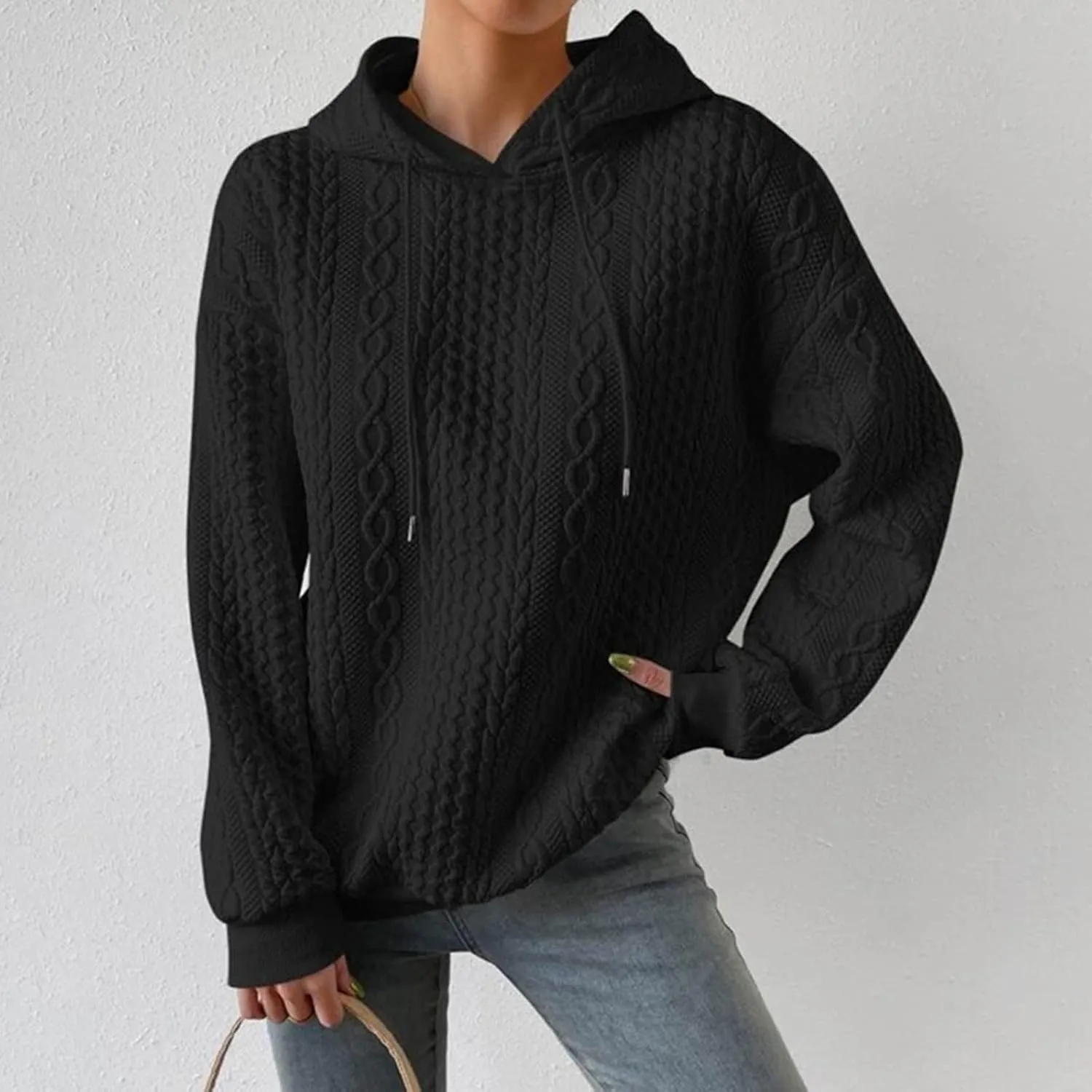 PETYCZEN Fall Sweatshirts for Women Casual Long Sleeve Lightweight Cable Knit Oversized Hoodie Drawstring Pullover Tops