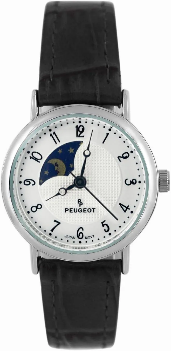 Peugeot Women 14K Plated Sun Moon Phase Vintage Dress Analog Watch with Leather Strap