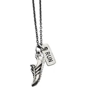 Pewter RUN Necklace - Running Shoe Charm and Pewter RUN Charm on 18 inch Gunmetal Chain