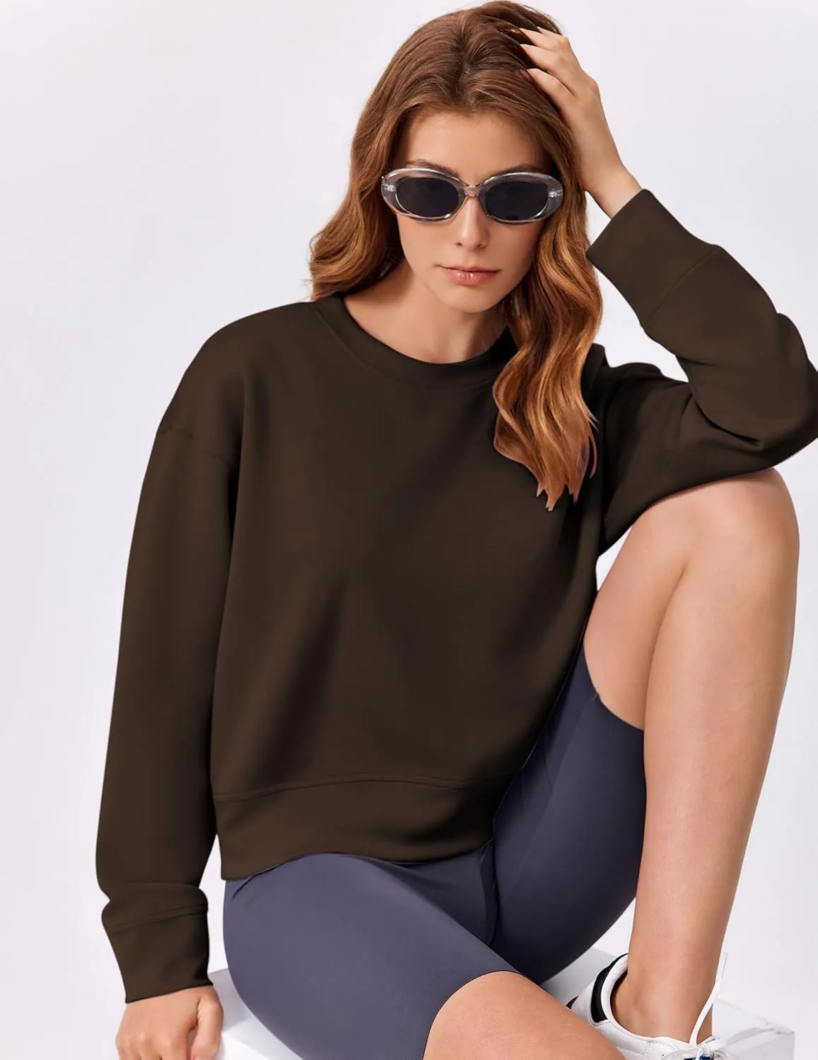 PINSPARK Crewneck Cropped Sweatshirt for Women Soft Long Sleeve Crop Tops Oversized Lightweight Basic Sweaters Fall 2025