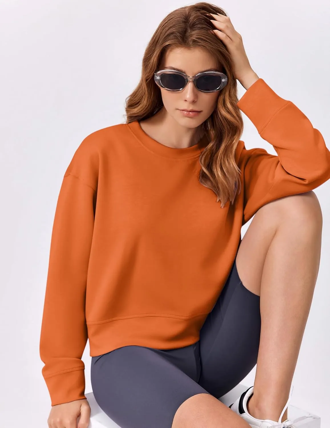 PINSPARK Crewneck Cropped Sweatshirt for Women Soft Long Sleeve Crop Tops Oversized Lightweight Basic Sweaters Fall 2025