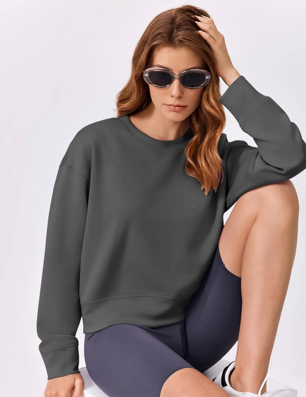 PINSPARK Crewneck Cropped Sweatshirt for Women Soft Long Sleeve Crop Tops Oversized Lightweight Basic Sweaters Fall 2025