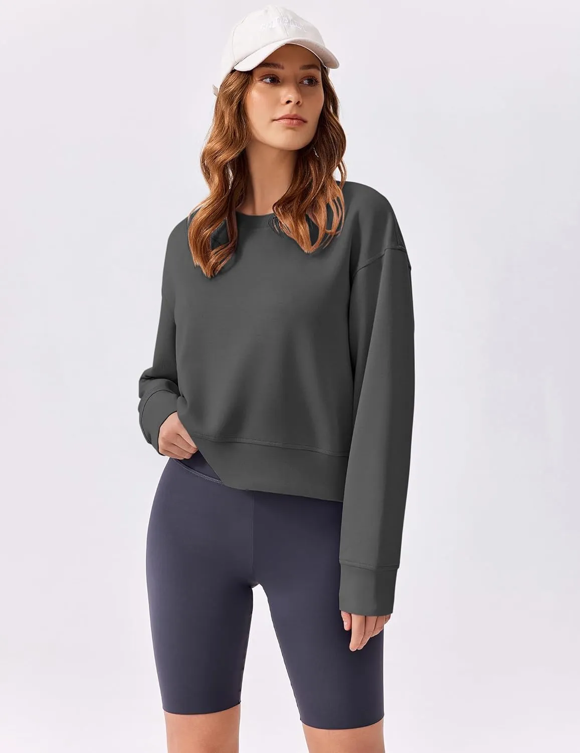 PINSPARK Crewneck Cropped Sweatshirt for Women Soft Long Sleeve Crop Tops Oversized Lightweight Basic Sweaters Fall 2025