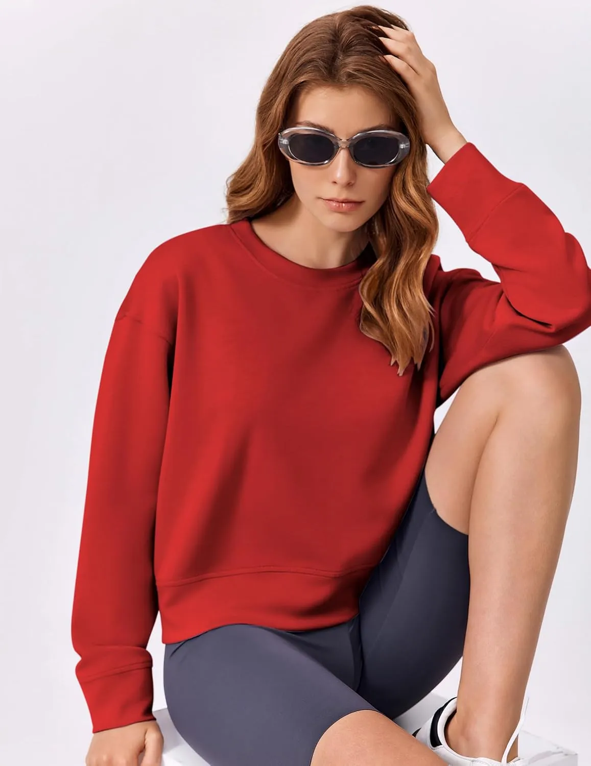 PINSPARK Crewneck Cropped Sweatshirt for Women Soft Long Sleeve Crop Tops Oversized Lightweight Basic Sweaters Fall 2025