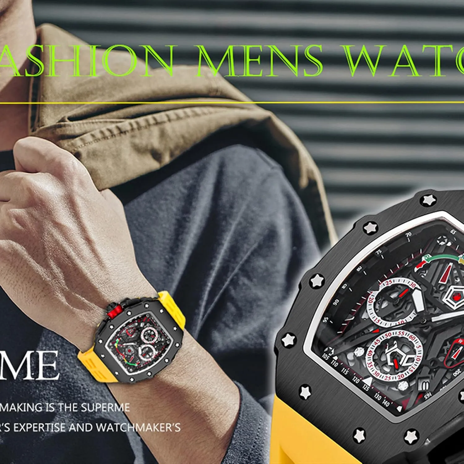 PINTIME Fashion Mens Watch Hallow Punk Chronograph Sports Wristwatch Luxury Designer Mens Watch