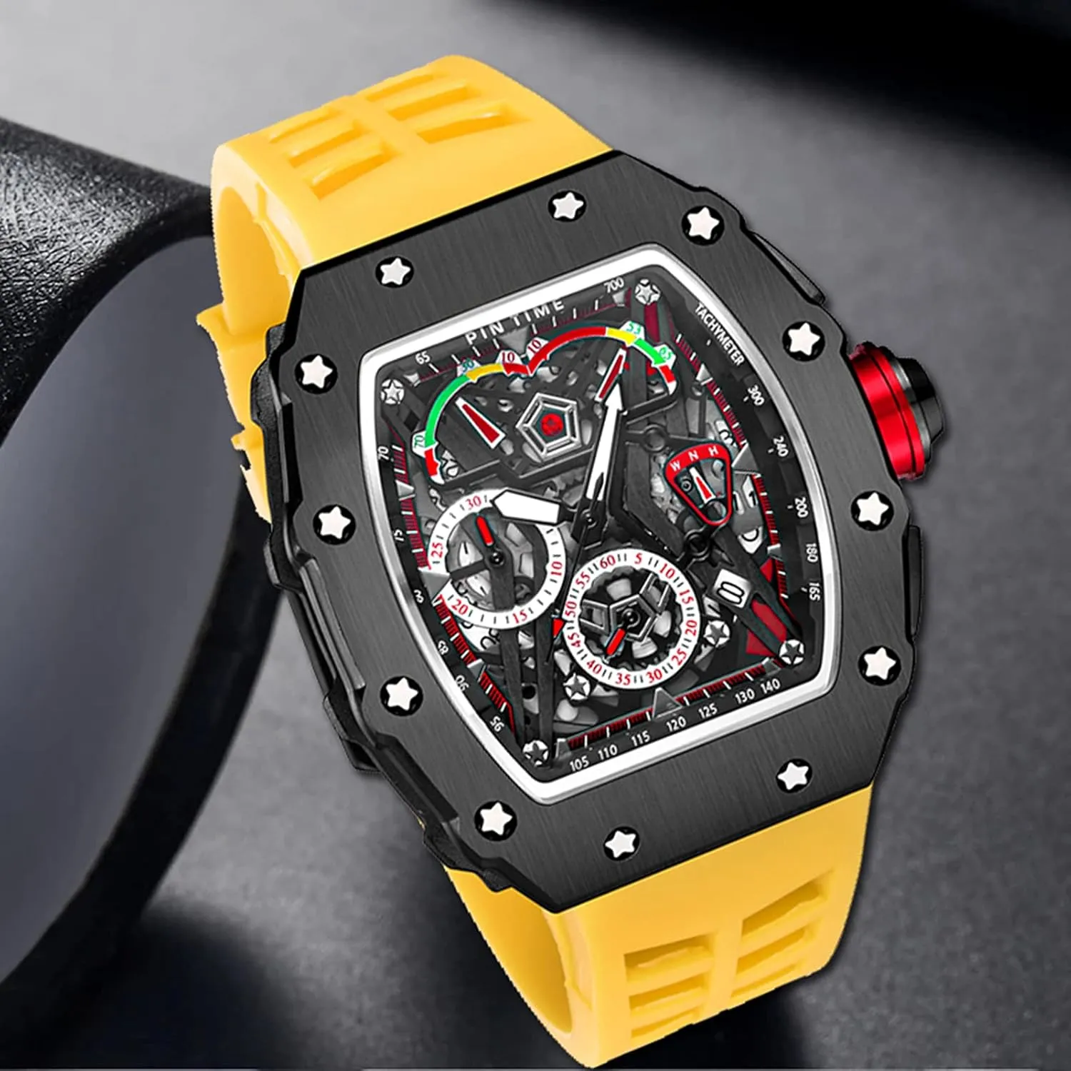 PINTIME Fashion Mens Watch Hallow Punk Chronograph Sports Wristwatch Luxury Designer Mens Watch