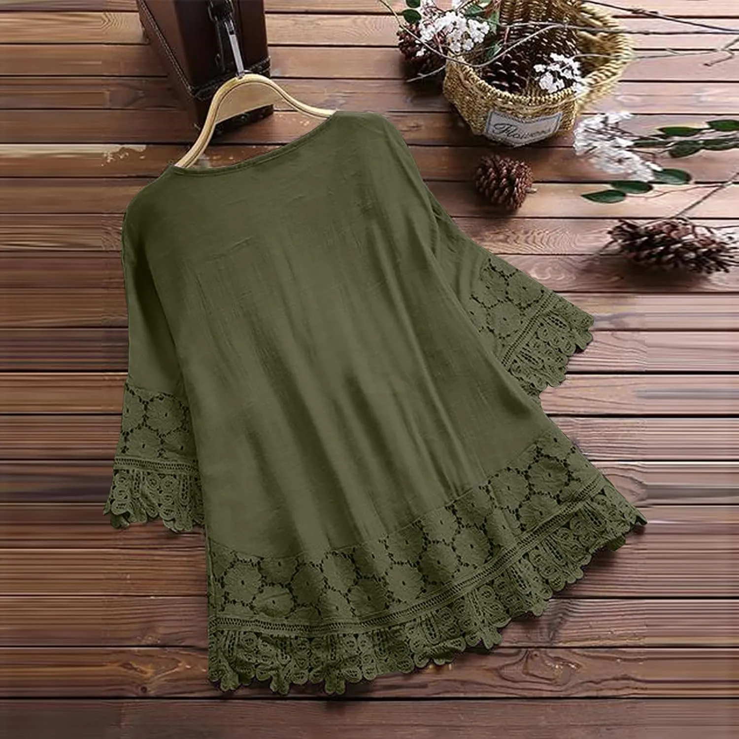 Plus Size Cotton Linen Tops Women Floral Decor Lace Shirts Cute Boho Tunic Tops Half Sleeve Tees Holiday Pullovers