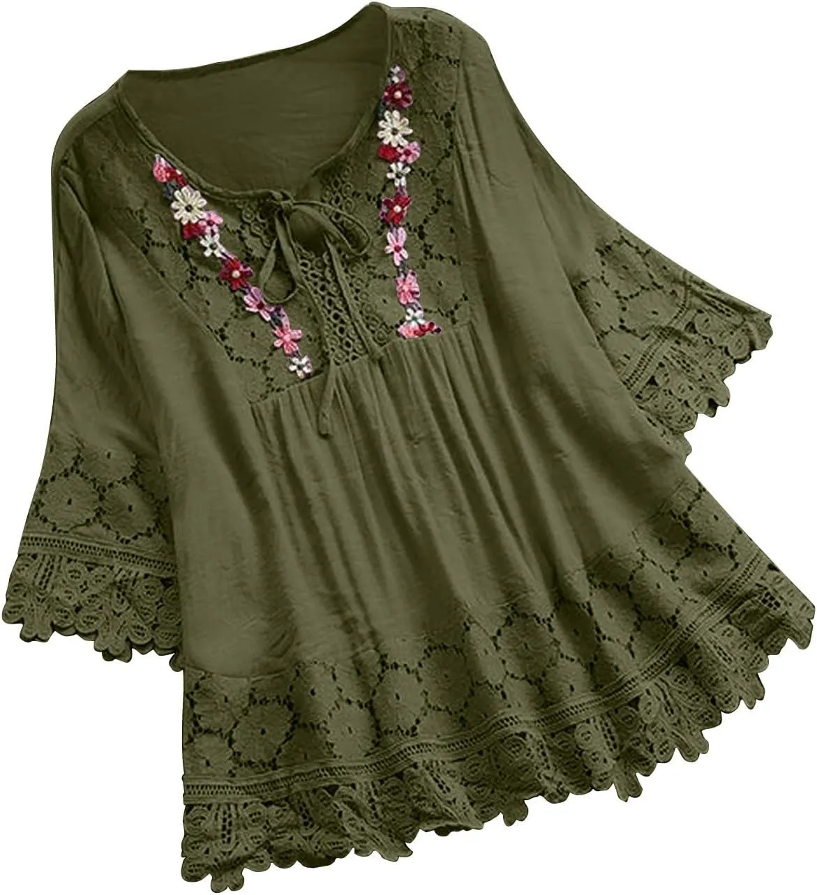 Plus Size Cotton Linen Tops Women Floral Decor Lace Shirts Cute Boho Tunic Tops Half Sleeve Tees Holiday Pullovers