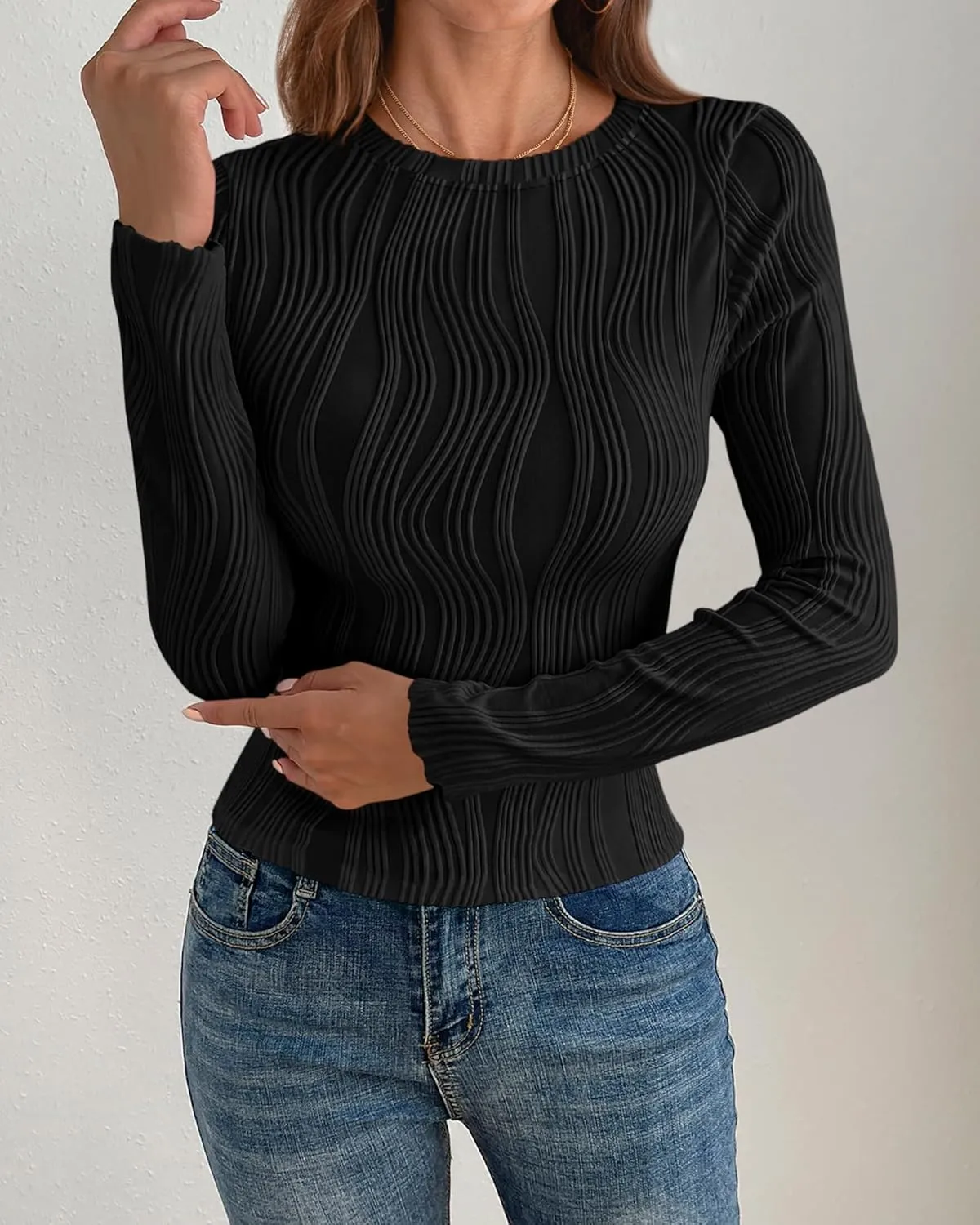 PRETTYGARDEN Women's Tops 2025 Spring Fashion Long Sleeve Crewneck Blouses Slim Fit Shirts Textured Knit Basic T Shirts