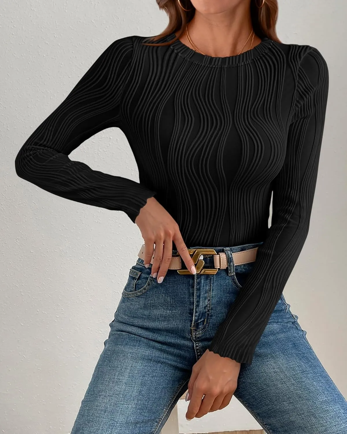 PRETTYGARDEN Women's Tops 2025 Spring Fashion Long Sleeve Crewneck Blouses Slim Fit Shirts Textured Knit Basic T Shirts