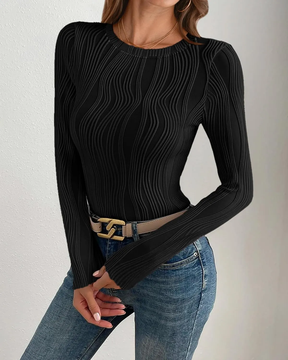 PRETTYGARDEN Women's Tops 2025 Spring Fashion Long Sleeve Crewneck Blouses Slim Fit Shirts Textured Knit Basic T Shirts