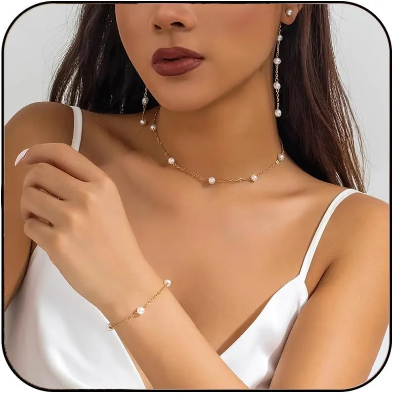 Prom Jewelry Sets Pearl Necklace and Earring Set for Wedding Bridesmaid Accessories Necklace Earrings Bracelets Set Elegant Pearl and Rhinestone Wedding Prom Jewelry for Women