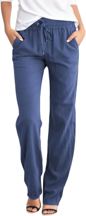 PTOLOCIF Linen Beach Pants Women,Casual Linen High Waist Pants Wide Leg Palazzo Pants Drawstring Loose Fit Summer Pants