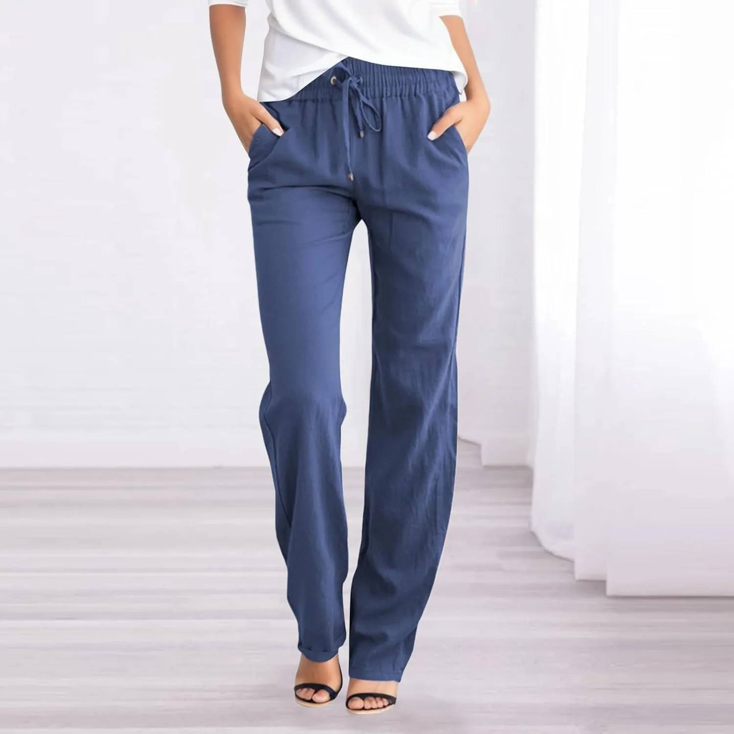 PTOLOCIF Linen Beach Pants Women,Casual Linen High Waist Pants Wide Leg Palazzo Pants Drawstring Loose Fit Summer Pants