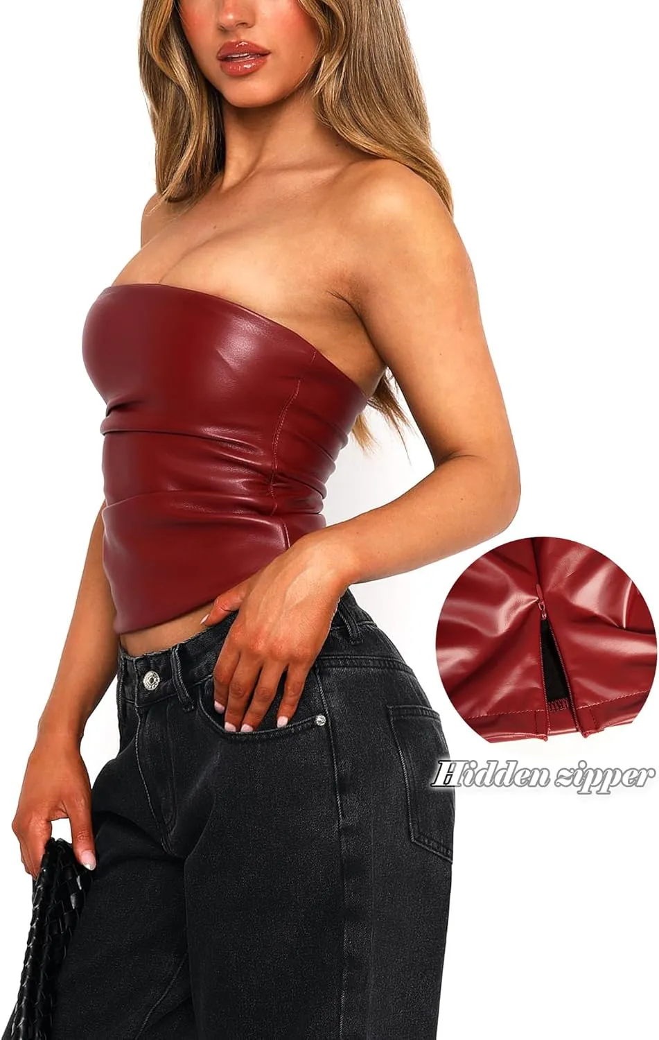 PU Faux Leather Tube Top Strapless Going Out Tops for Women Sexy Club Top Rave Concert Outfit Ruched Bandeau Crop Top