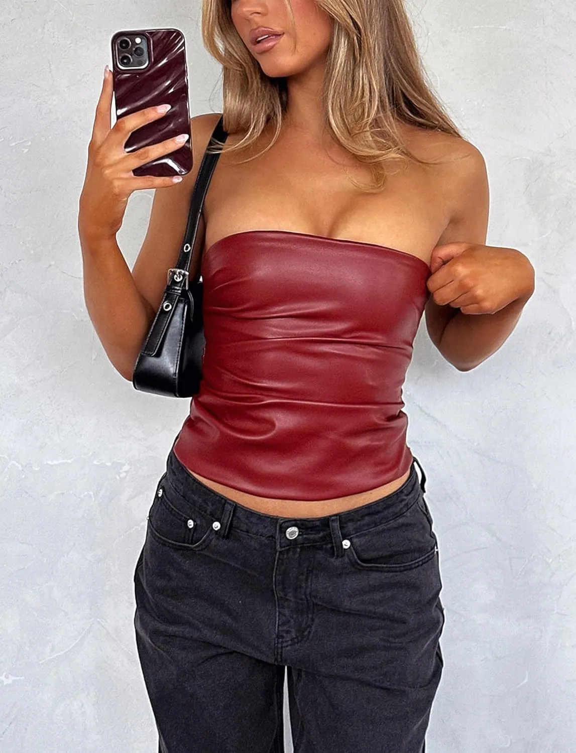 PU Faux Leather Tube Top Strapless Going Out Tops for Women Sexy Club Top Rave Concert Outfit Ruched Bandeau Crop Top