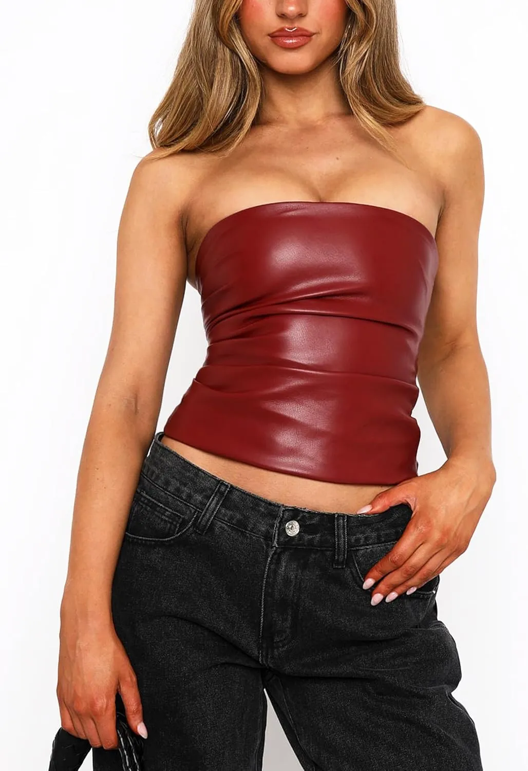 PU Faux Leather Tube Top Strapless Going Out Tops for Women Sexy Club Top Rave Concert Outfit Ruched Bandeau Crop Top