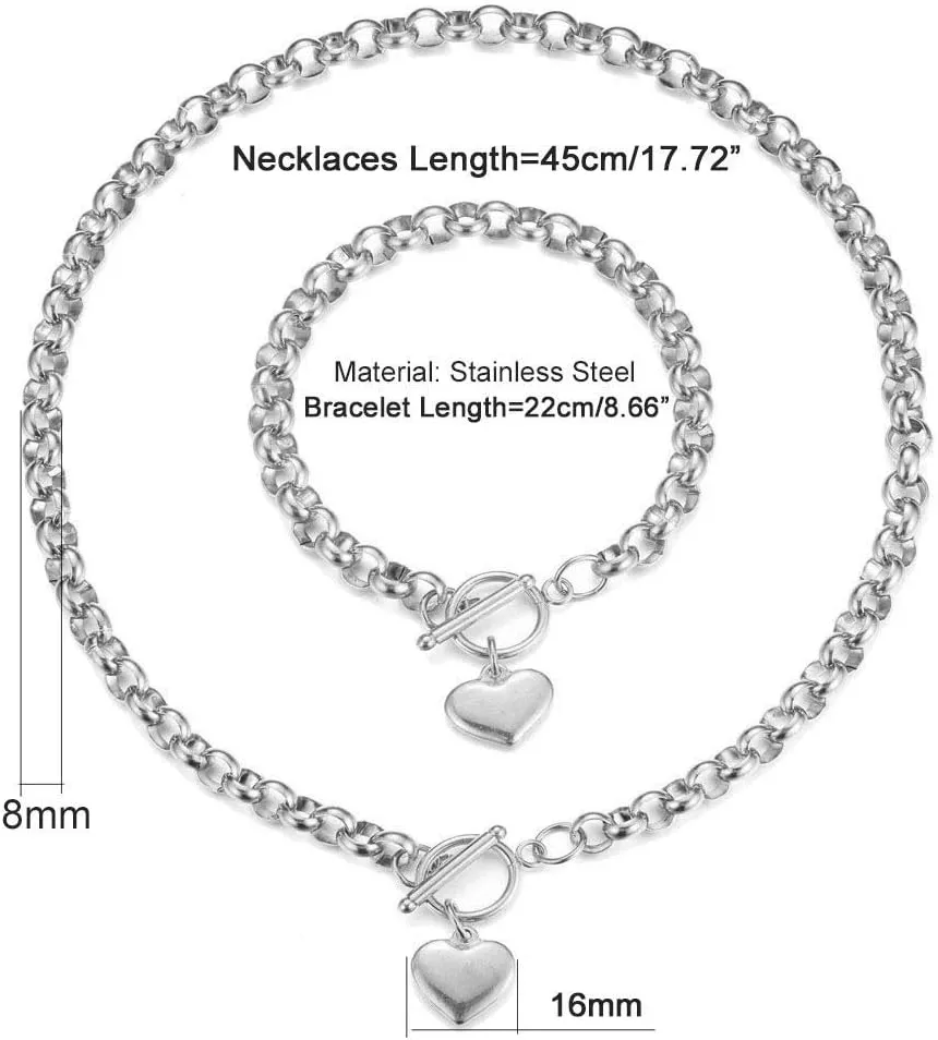 Puffs Heart Choker Necklace Bracelet Set for Women Gold/Silver Heart Pendant Necklace Bracelet Punky Pledge Necklace Bracelet Set Dainty Chunky Link Chain Choker Necklaces for Women